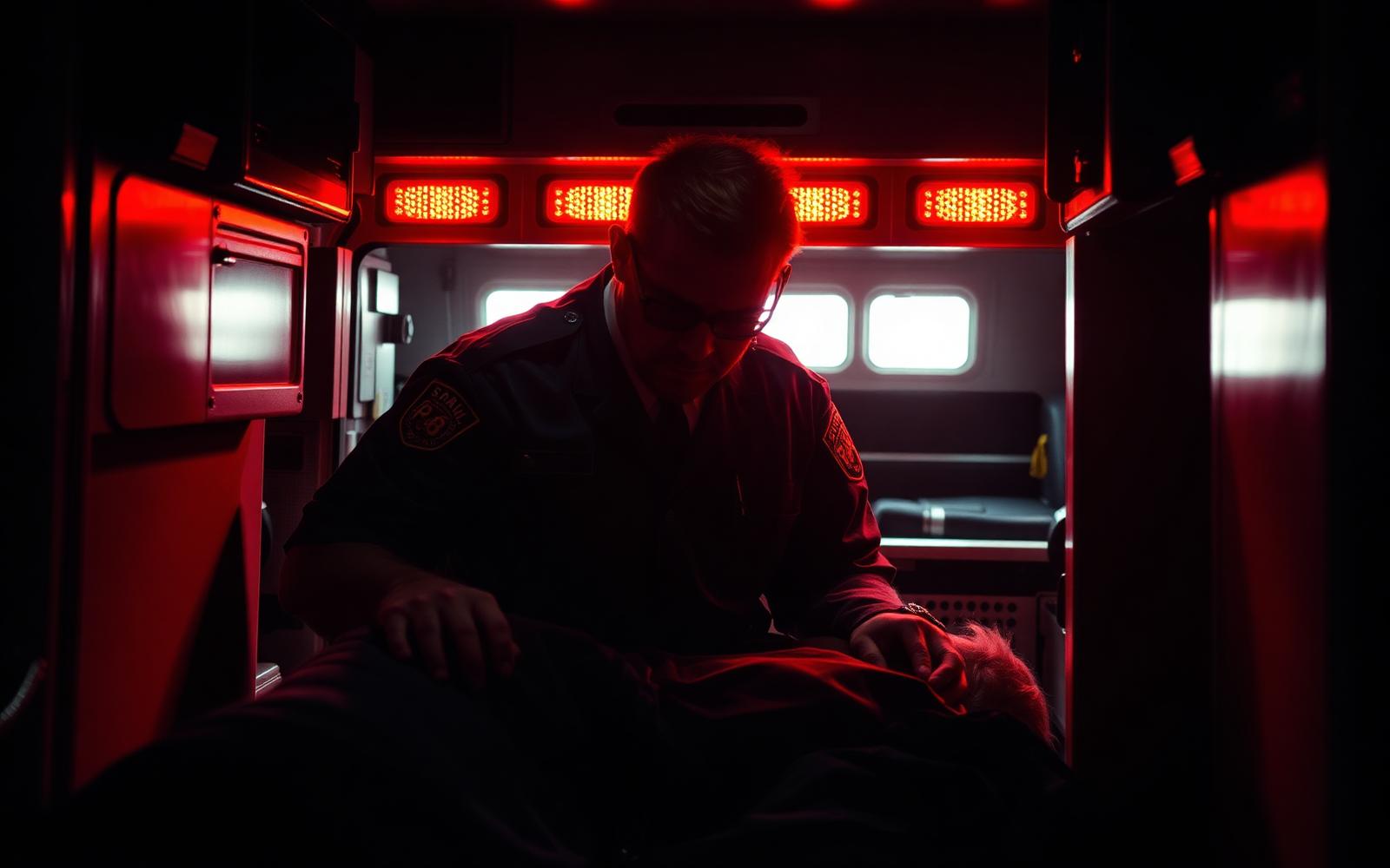 Paramedic working in an ambulance under red emergency lighting